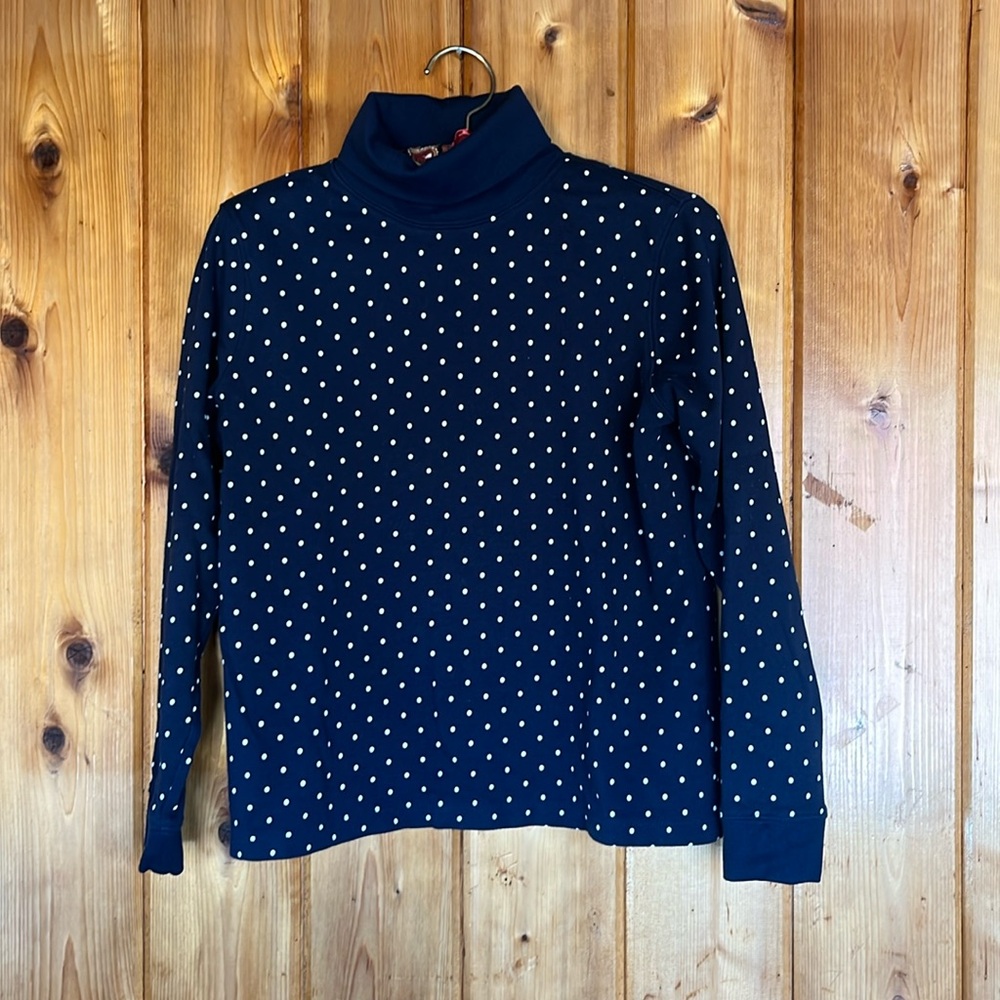 L.L. Bean navy and white polka dot turtleneck